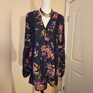 Signature Studio Black Top with Red and Yellow Floral Pattern